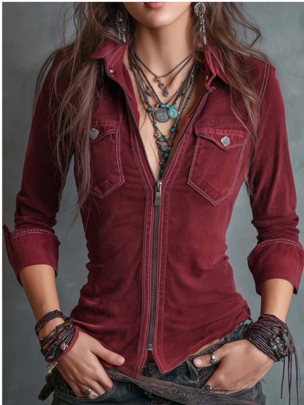 Vintage Zip-up Collar Flap Pocket Distressed Denim Shirt